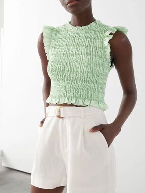 & Other Stories Mint Green Smocked Ruffle Tank